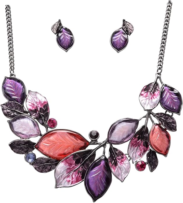 Vintage Statement Jewelry Set Leaf Floral Bohemian Boho Statement Necklace Earring Set Crystal Fashion Costume Jewelry