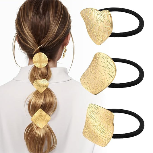 3PCS Metal Hair Tie For Women,Gold Cuffs,Metal Geometric Gold Hair Ties, Hair Accessories Stretchy and Non-Damage Ponytail Holders,Ponytail Cuff Hair Bands For Hair Styling(SET9)