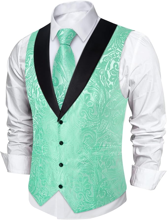 DiBanGu Mens Paisley Suit Vest Silk Jacquard Waistcoat and Necktie Set Formal Shawl Collar Dress Vest 7PCS for Wedding Party