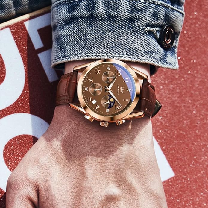 OLEVS Men's Watches Brown Leather with Date,Casual Watches for Men,Large Face Watches Men,Chronograph Mens Watch,Sport Waterproof Business Dress Analog Quartz Men's Wrist Watches Reloj De Hombre