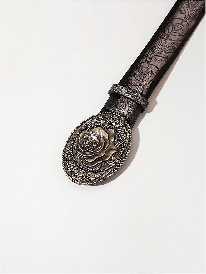 Women's Floral Embroidery Genuine Leather Belt Vintage Square Buckle