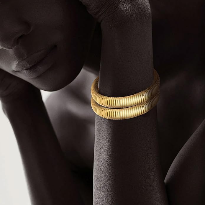 MISS RIGHT Gold Chunky Stretch Snake Chain Bangle Bracelets Stack for Women Trendy, 18K Gold Filled Stainless Steel Stretchy Womens Stackable Wristband Bangles Bracelet Set