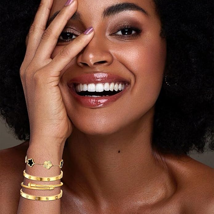 Gold Bracelets for Women-4Pcs/3Pcs,18K Gold Plated Bangle Tennis Bracelets Stack Set for Women Trendy Non Tarnish Stainless Steel Gold Bangles Accessories Designer Jewelry
