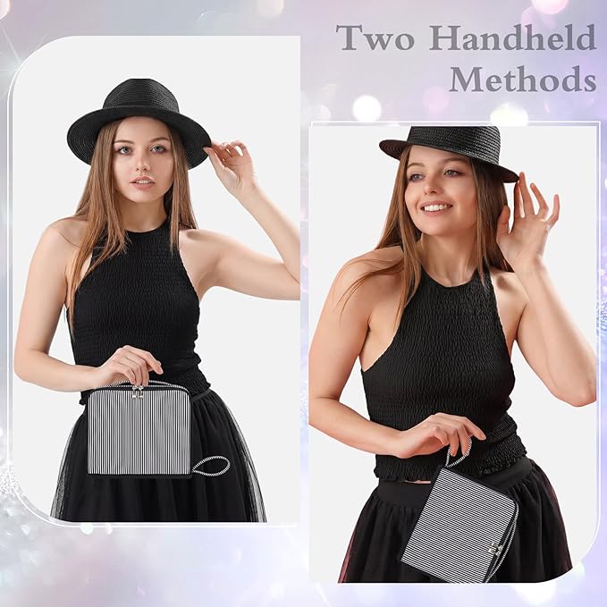 Striped Makeup Bag Large Cosmetic Bags for Women Gift with Brush Loops Mesh Pocket Wrist Strap Travel Organizer Storage Pouch Toiletry Case with Divider for Mirror(Black)