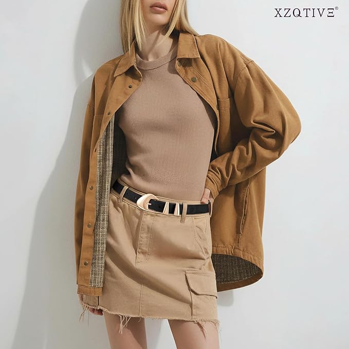 XZQTIVE Women's Leather Belts for Jeans Dress Pants Black Brown Belts for Women Ladies Waist Belts with Gold Buckle