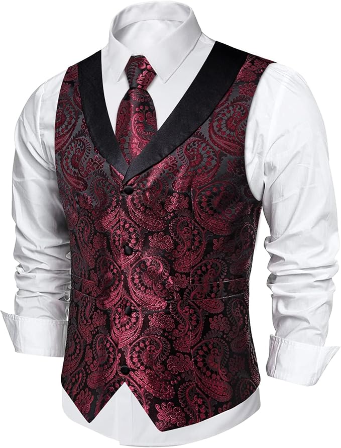 DiBanGu Mens Paisley Suit Vest Silk Jacquard Waistcoat and Necktie Set Formal Shawl Collar Dress Vest 7PCS for Wedding Party