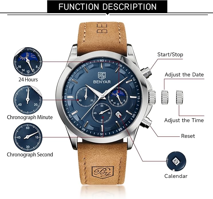 BY BENYAR Mens Watches Analog Quartz Chronograph Waterproof Wrist Watches for Men Fashion Business Work Casual Sport Designer Dress Watch with Calendar Elegant Gifts for Men