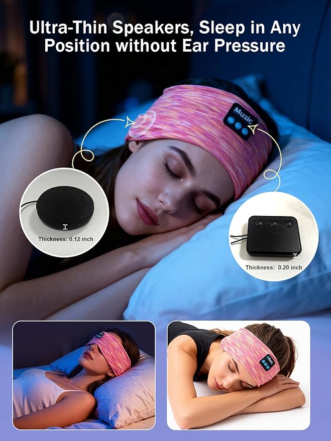 Sleep Headband Headphones, Bluetooth Headbands with Ultra-Thin Speakers for Side Sleepers, Wireless Music Headbands for Sleep, Sports, Travel & Focus, Ideal Gift for Men Women Teens