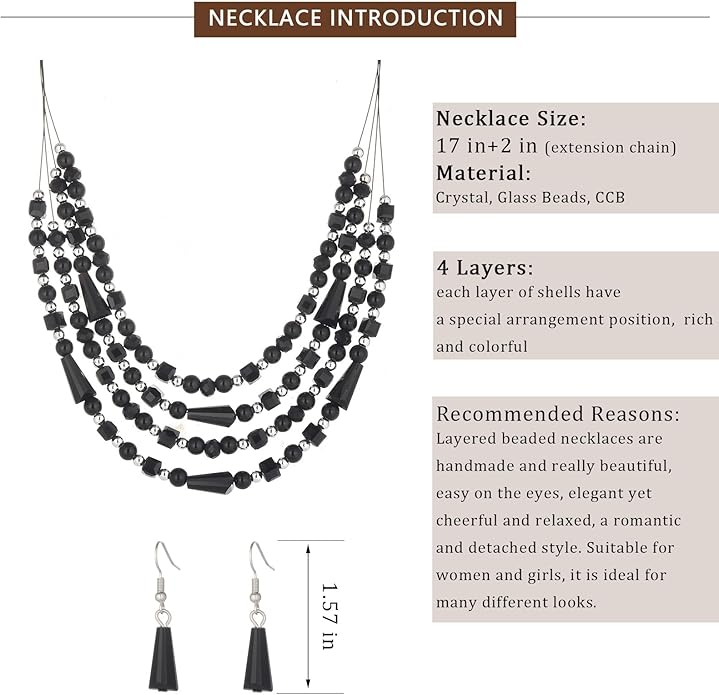 Layered Beaded Statement Necklace Multi Strand Crystal Beads Collar Necklace and Earring Sets for Women Fashion Costume Jewelry Set Gifts for Her