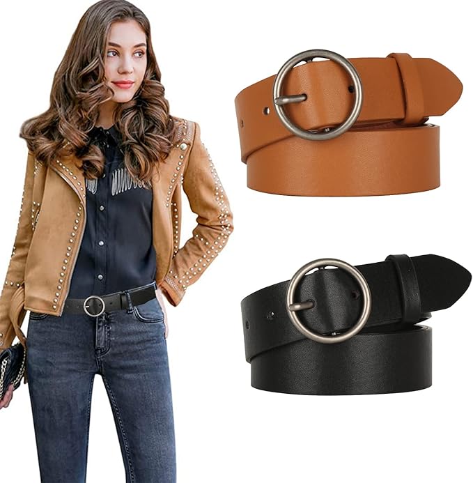 Ssumday 2 Pack Women's 1.3" Leather Belt for Jeans Pants Dresses with Retro Alloy Buckle