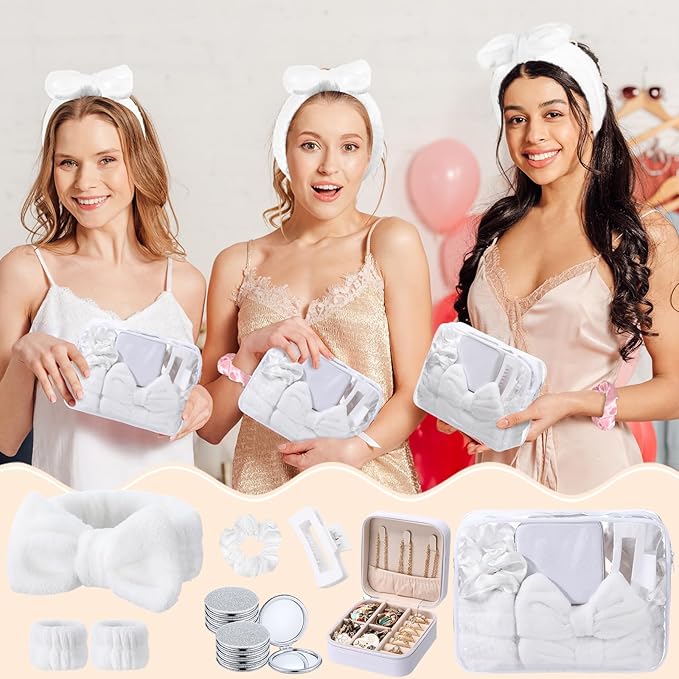 Spa Party Favors Pink Sleepover Party Supplies Bow Headband Wristband Scrunchies Hair Clip Jewelry Case Makeup Bag Mirror for Women Bridesmaid Return Gifts(White,48 Pcs)