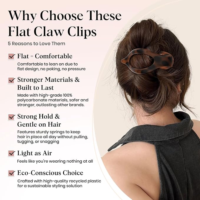 6 PCS Large Flat Hair Clips for Women, French Concord Lay Down Claw Clips for Thick Thin Hair, Comfortable Curved Side Clips, Matte Non-slip Strong Hold Hair Accessories, Tortoise & Black
