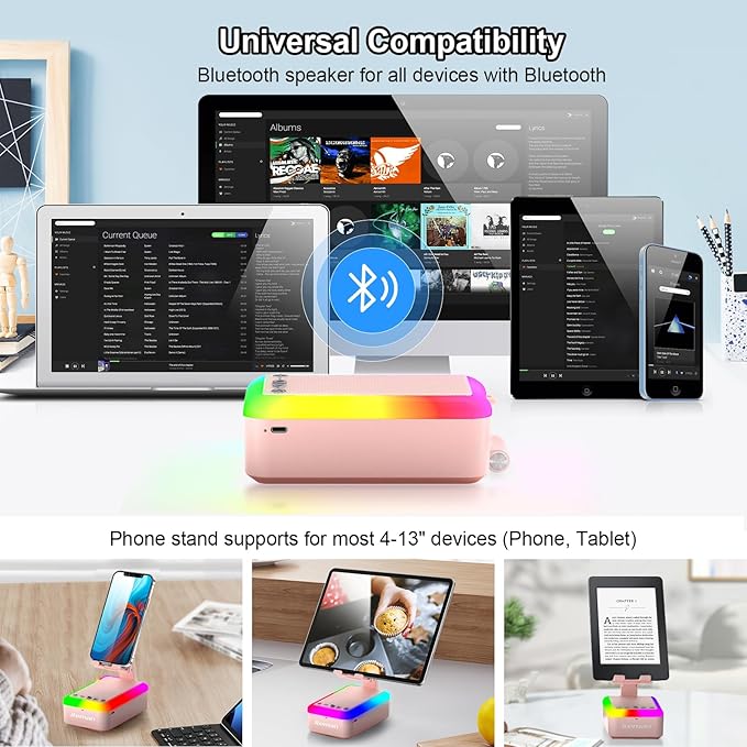 JTEMAN Cell Phone Stand with Bluetooth Speaker and Light, Portable Lanyard, Cool Tech Gifts for Wife Mom Women Men, Unique Birthday Gift Idea Pink