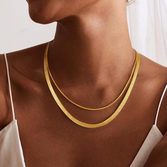 Gold Necklace for Women, 18K Gold Plated Layered Herringbone Necklace Choker Chain Necklaces Dainty Gold Necklaces Waterproof Jewelry for Women Non Tarnish