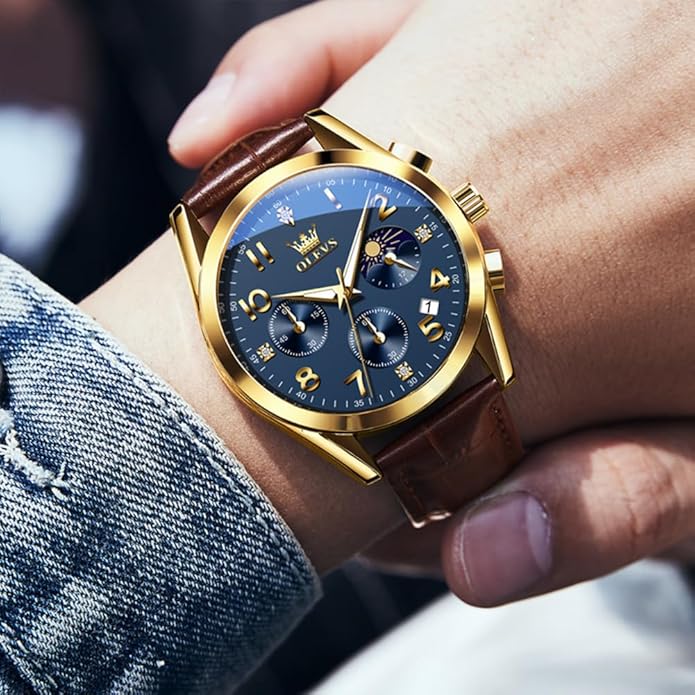 OLEVS Men's Watches Brown Leather with Date,Casual Watches for Men,Large Face Watches Men,Chronograph Mens Watch,Sport Waterproof Business Dress Analog Quartz Men's Wrist Watches Reloj De Hombre