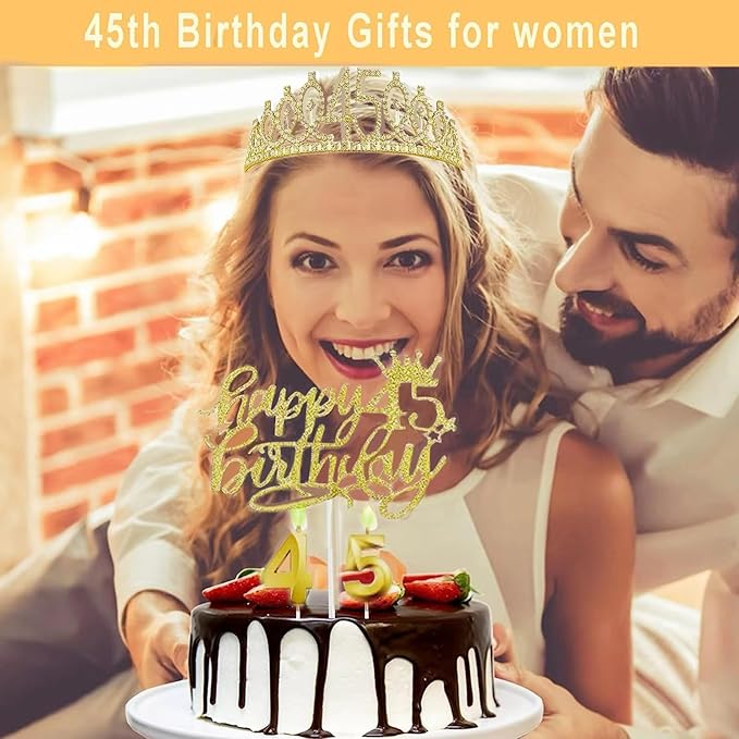 45th Birthday Decorations for Her Girls Set, Include 45th Birthday Crown and 45 Sash, 45th Birthday Cake Topper and 45 Birthday Candles, Gold 45 Balloons, Women 45th Party Supplies(Gold)