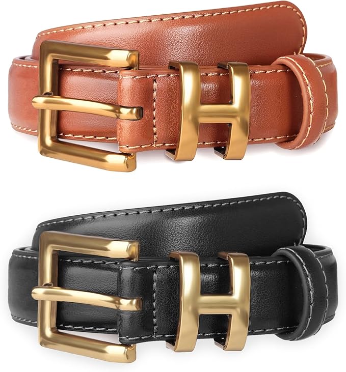 Women's Fashion Classic Metal Buckle Leather Belt with Jeans Dress