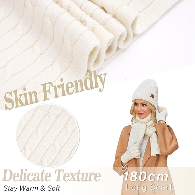 Womens Winter Beanie Hats Long Scarf Touchscreen Gloves Set Warm Knit Skull Caps Gifts for Women