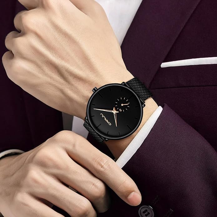 Mens Watches Ultra-Thin Minimalist Waterproof - Fashion Wrist Watch for Men Unisex Dress with Stainless Steel Mesh Band