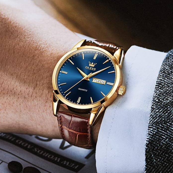 OLEVS Men's Simple Watch with Day and Date, Stainless Steel Analog Quartz Watches for Men, Classic Luminous Hands Men's Dress Watches, Black/White/Blue Dial