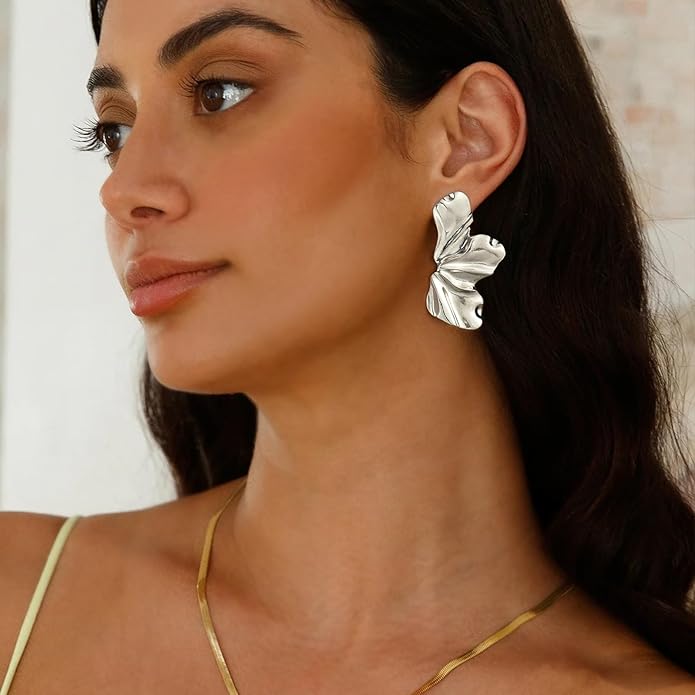 Gold Flower Statement Earrings for Women, 14K Gold Plated Large Irregular Leaf Floral, Big Chunky Dangle Earrings Set