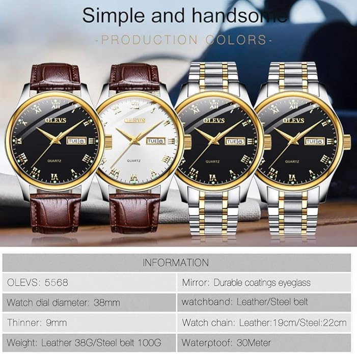 OLEVS Classic Men Watches with Date,Stainless Steel Man Watch with Date, Bussiness Watches for Men,Luminous Quartz Mens Watches Black/White/Blue/Gold, Waterproof Male Watch with Week