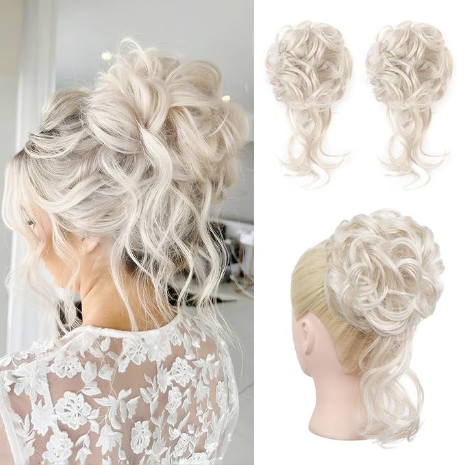 HOOJIH 2PCS Messy Bun Hair Piece, Tousled Updo with Tendrils, Wavy Curly Hair Wrap Ponytail Hairpieces, White Blonde