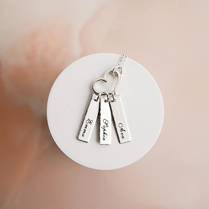 AJ's Collection Triple Bar Sterling Silver Personalized Necklace with Heart Charm. Includes 3 Customizable Charms and your Choice of Sterling Silver Chain. Gifts for Her, Mom, Wife