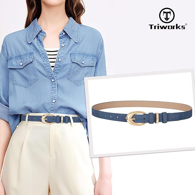 TRIWORKS Women Leather Belt for Jeans Pants Fashion Ladies Skinny Faux Leather Dress belt with Gold Buckle