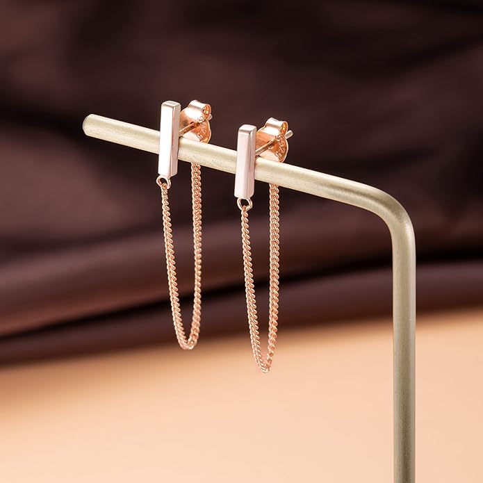 Reffeer Solid 925 Sterling Silver Stud Earrings Minimalist Bar Earrings with Chain Dangle Earrings For Women