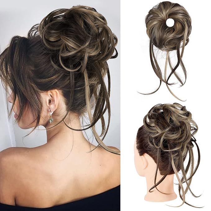 HOOJIH Messy Bun Hair Piece, Super Long Tousled Updo Hair Bun Extensions Wavy Wrap Ponytail Hairpieces Scrunchies with Elastic Band HB007 Grace - Chocolate Brown Ash Blonde Highlights