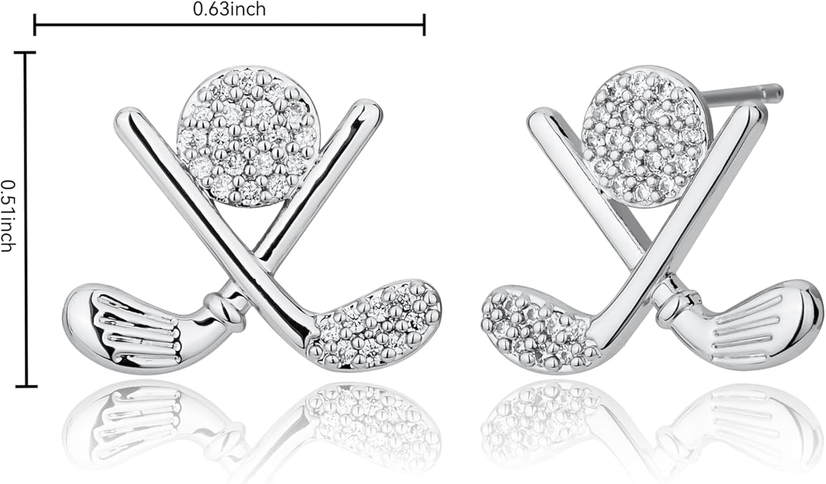 Golf Stud Earrings for Women Silver Gold Gifts Cubic Zirconia Flat Back Hypoallergenic Club Cute Dainty Player Fan Tournament Fashion Unique Accessory Small Birthday Novelty Sports Jewelry