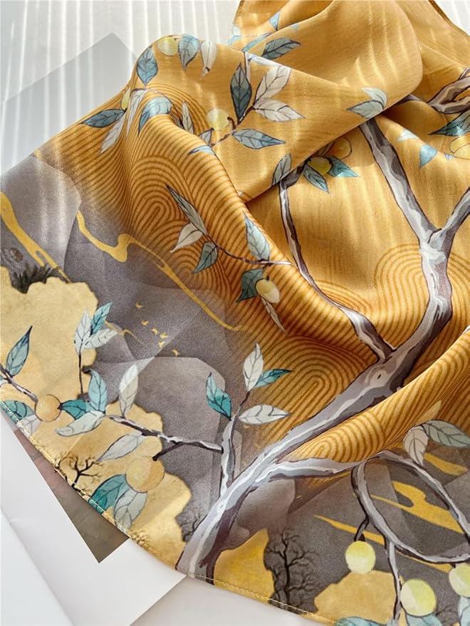 100% Mulberry Silk Scarfs for Women Floral Print Satin Long Scarf for Headscarf Hair Wraps Shawl with Gift Packed