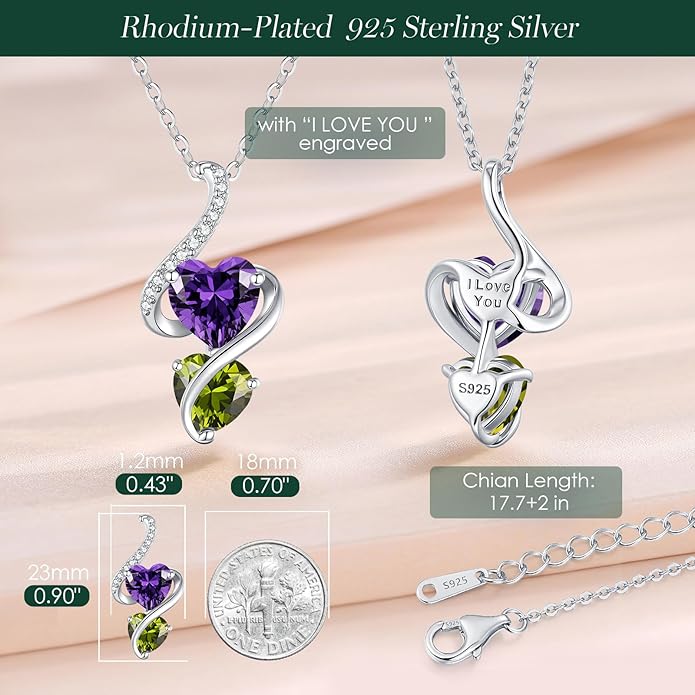 LOUISA SECRET Unique Double Heart Necklace Gifts for Wife Women, 925 Sterling Silver Tiny Birthstone Pendant Jewelry Gift for Her Girlfriend Mom Valentine's Day Anniversary Mother's Day Birthdays & Christmas