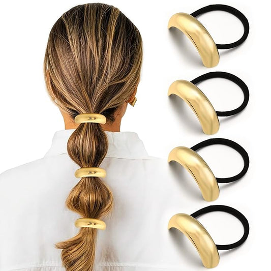4PCS Gold Hair Ties, Metal Hair Ties for Thick Hair, Elegant Durable Round Geometric Design Hair Cuffs, Gold Hair Accessories for Women, Stretchy Non-Damage Ponytail Holders Holiday Gifts