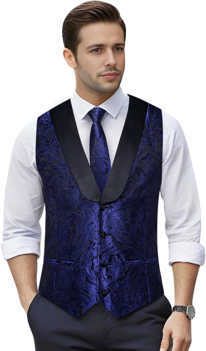 DiBanGu Mens Paisley Suit Vest Silk Jacquard Waistcoat and Necktie Set Formal Shawl Collar Dress Vest 7PCS for Wedding Party