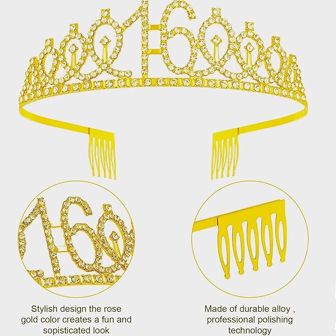 16th Birthday Decorations for Her Girls Set, Include 16th Birthday Crown and 16 Sash, 16th Birthday Cake Topper and 16 Birthday Candles, Gold 16 Balloons, Women 16th Party Supplies(Gold)