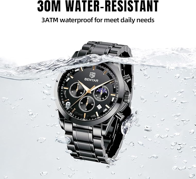 BY BENYAR Mens Watches Analog Quartz Chronograph Waterproof Wrist Watches for Men Fashion Business Work Casual Sport Designer Dress Watch with Calendar Elegant Gifts for Men