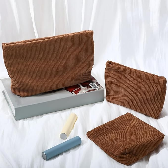 Sanwuta 3 Pack Corduroy Makeup Bag Set Cosmetic Toiletry Travel Pouch Organizer Velvet Makeup Bag for Women Large Pouch Zipper Purse Make up Organizer, Women Girls Gift(Brown)
