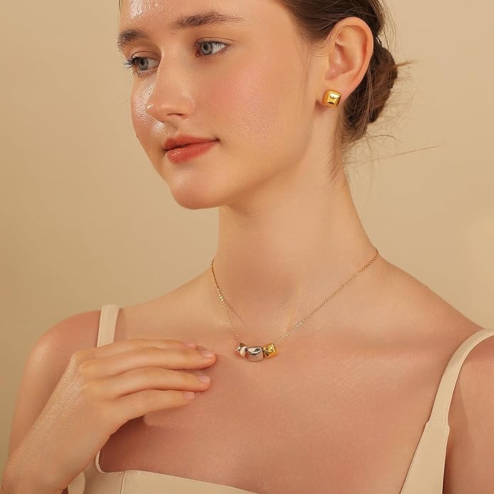 Dainty Geometric Jewelry Set for Women - Stainless Steel Necklace & Earrings Minimalist Matching Set