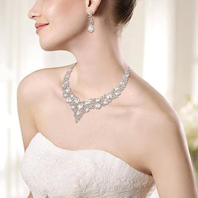 BriLove Wedding Bridal Jewelery for Women Austrian Crystal Teardrop Cluster Statement Necklace Dangle Earrings Link Bracelet Set
