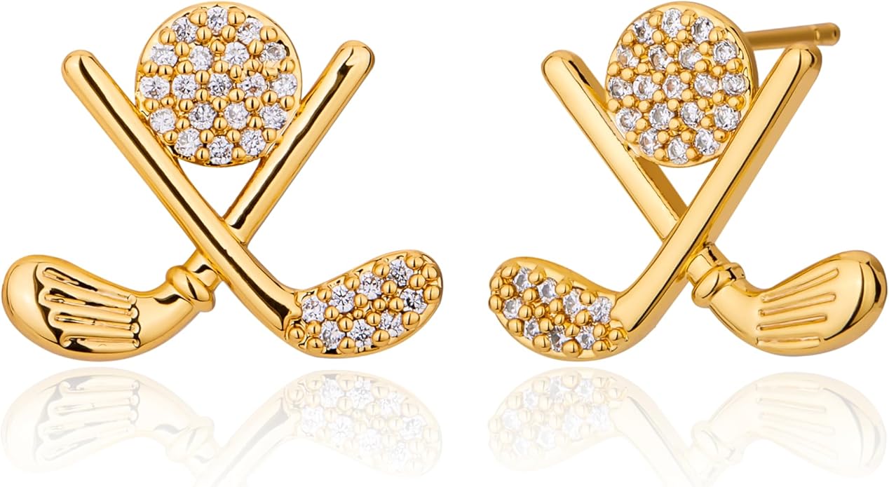 Golf Stud Earrings for Women Silver Gold Gifts Cubic Zirconia Flat Back Hypoallergenic Club Cute Dainty Player Fan Tournament Fashion Unique Accessory Small Birthday Novelty Sports Jewelry