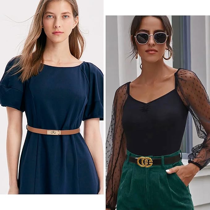 Women's Fashion Classic Metal Buckle Leather Belt with Jeans Dress