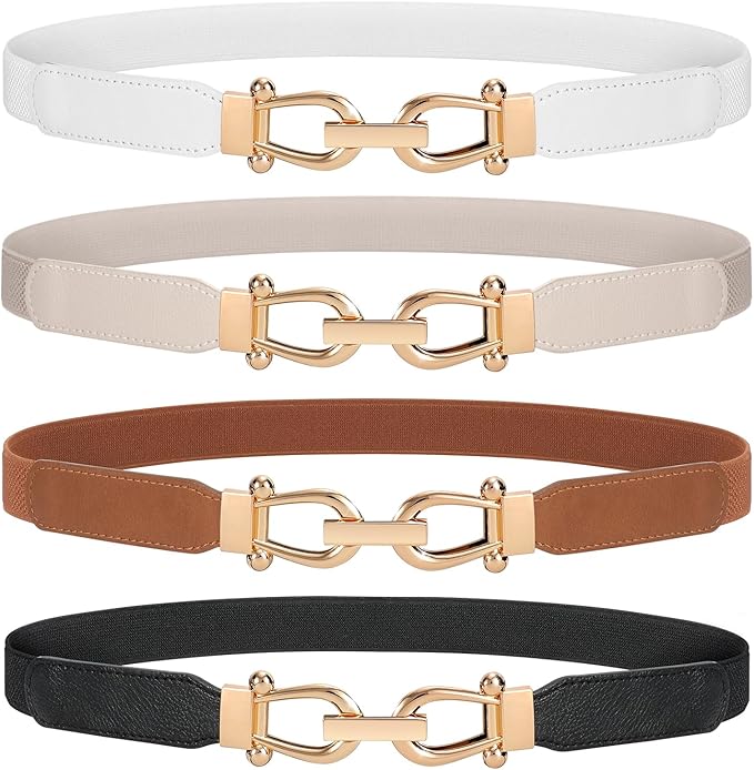 WERFORU Women Skinny Belt for Dresses Retro Stretch Waist Belt with Gold Buckle Set of 4