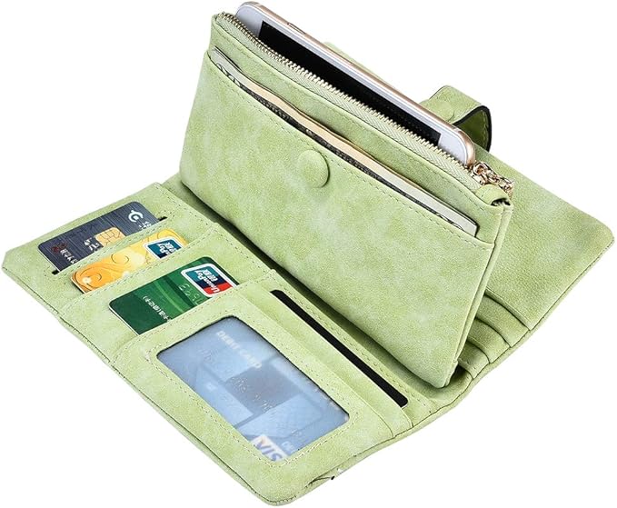 Women's Genuine Leather Bifold Clutch Wallet Large Capacity Card Organizer with Buckle Closure in Candy Colors (Light Green)