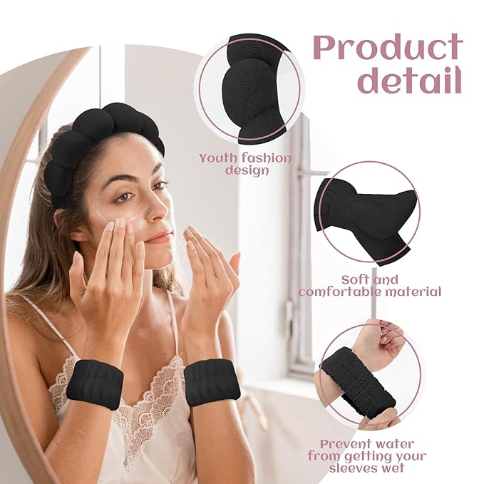 Spa Headband & Wristband Set for Women – Puffy Sponge Makeup Headband for Washing Face, Skincare Hairband, Cute Presents for Teenage Girls and Trendy Teen Girl Gifts