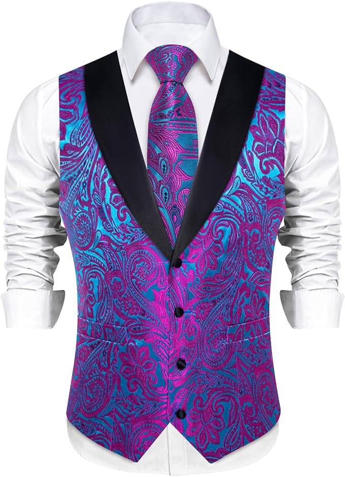 DiBanGu Mens Paisley Suit Vest Silk Jacquard Waistcoat and Necktie Set Formal Shawl Collar Dress Vest 7PCS for Wedding Party