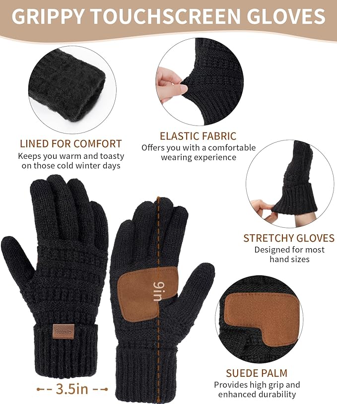 Remifa Winter Beanie Hat Scarf Gloves Set for Women, Slouchy Pom Pom Hat Long Knit Scarf Touchscreen Gloves Christmas Gifts