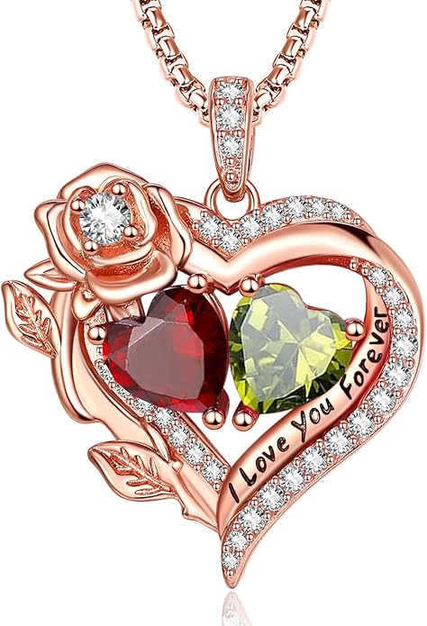 Rose Heart Necklaces for Women, Rose Gold Forever Love Jewelry with 2 Birthstones Pendant, Christmas Anniversarry Birthday Gifts for Her Wife Mom Grandma, 18+2 Inch Chain