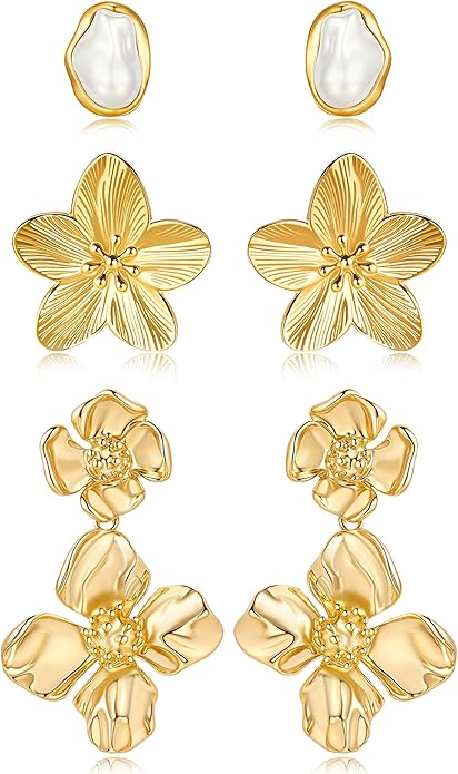 Gold Flower Statement Earrings for Women, 14K Gold Plated Large Irregular Leaf Floral, Big Chunky Dangle Earrings Set